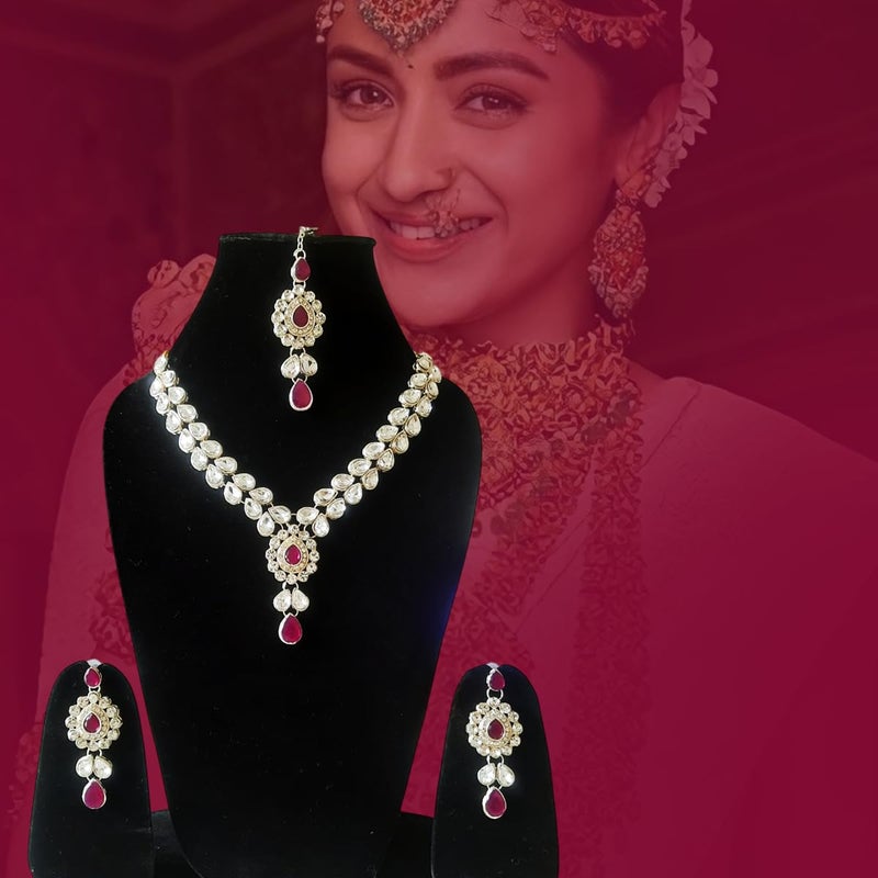 CRUSSTIQUE GOLD Crystal Necklace and Earrings Jewellery Set with Silver-Plated Teardrop Design and Ruby Red Stones | Traditional Indian Style Ethnic Jewellery for Women and Weddings - Image 5