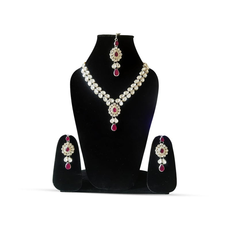 CRUSSTIQUE GOLD Crystal Necklace and Earrings Jewellery Set with Silver-Plated Teardrop Design and Ruby Red Stones | Traditional Indian Style Ethnic Jewellery for Women and Weddings - Image 1