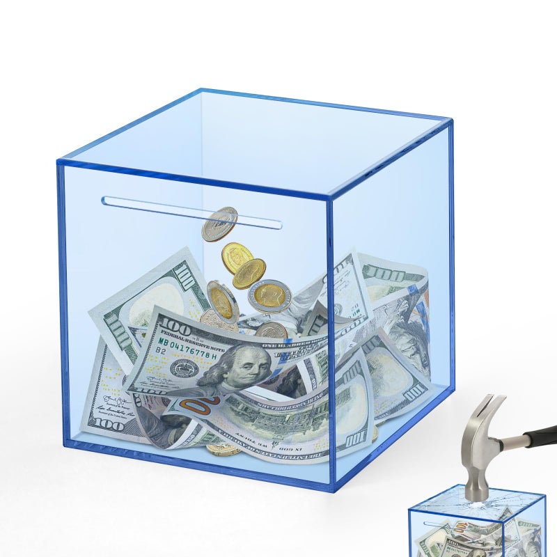 Imeepa Clear Piggy Bank for Adults & Kids - Acrylic Money Savings Box for Cash & Coin, Must Break to Open, Unopenable Piggy Bank for Boys Girls(Blue, 4.72'') - Image 1