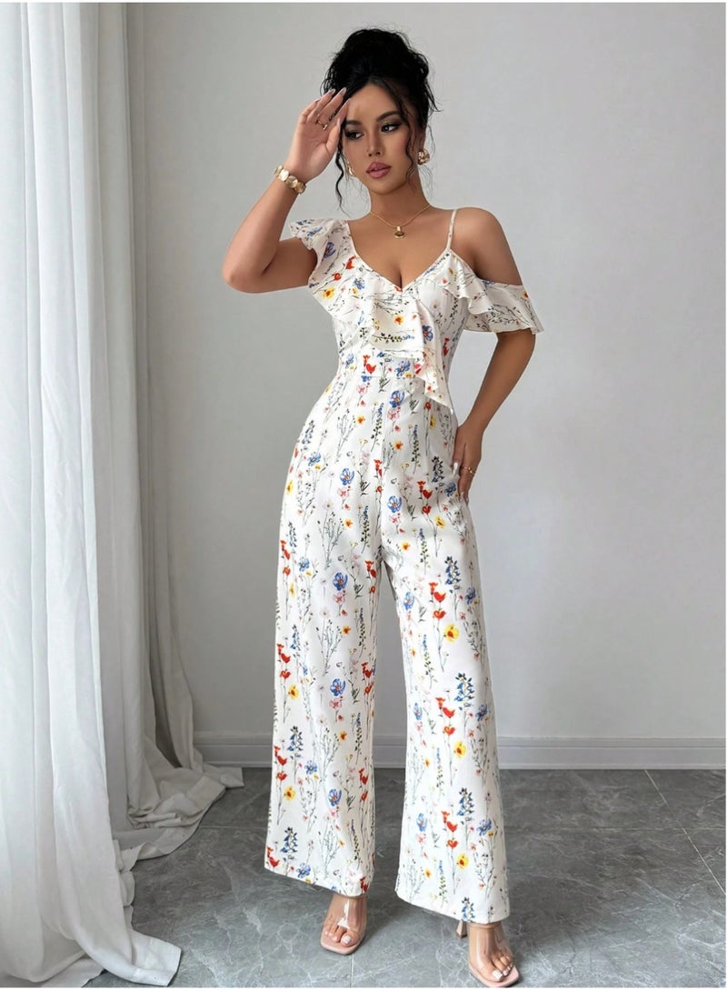 SHEIN Women's Elegant All-Over Floral Print Asymmetric Collar Jumpsuit, Summer - Image 4