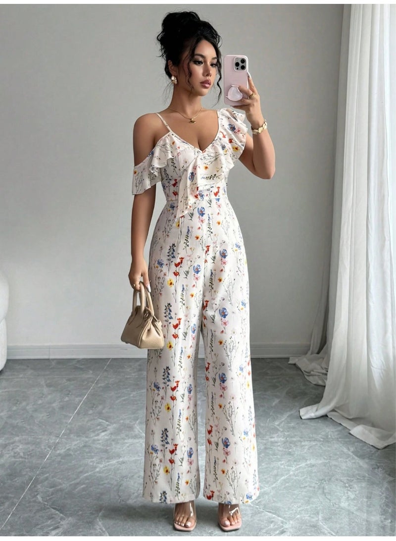 SHEIN Women's Elegant All-Over Floral Print Asymmetric Collar Jumpsuit, Summer - Image 1