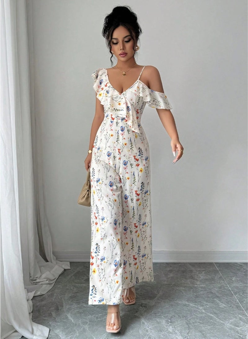 SHEIN Women's Elegant All-Over Floral Print Asymmetric Collar Jumpsuit, Summer - Image 5