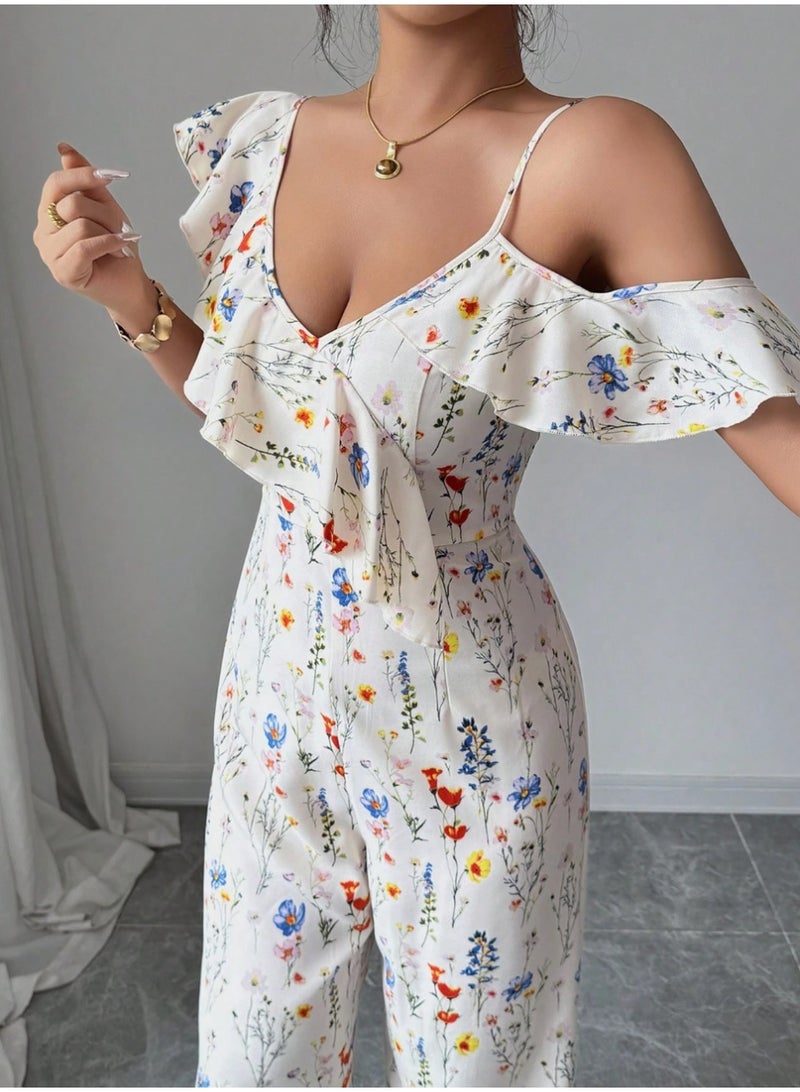 SHEIN Women's Elegant All-Over Floral Print Asymmetric Collar Jumpsuit, Summer - Image 3