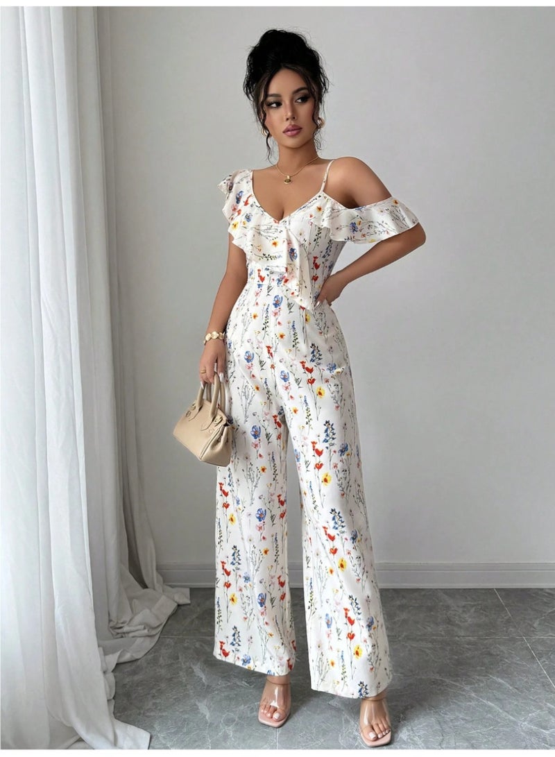 SHEIN Women's Elegant All-Over Floral Print Asymmetric Collar Jumpsuit, Summer - Image 2