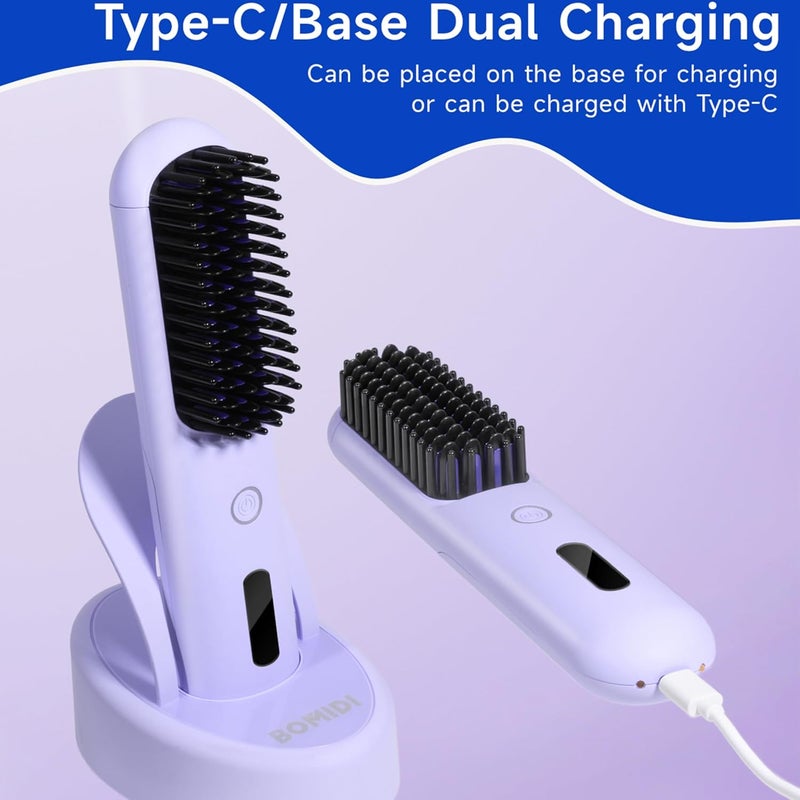 BOMIDI Cordless Hair Straightener Brush with Detachable for Easy Clean, 200M Negative Ions, 6-Speed Smart Temp Control and Type-C/Base Dual Charging, Travel-Friendly Styling Tool - Purple - Image 3