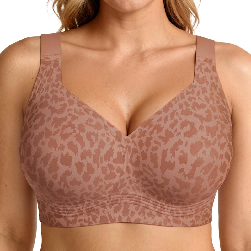 LetsJoli Jelly Bras for Women Push Up Bra Wireless No Underwire Supportive Full Coverage Plus Size for Older Women(Leopard Brown,L) - Image 1