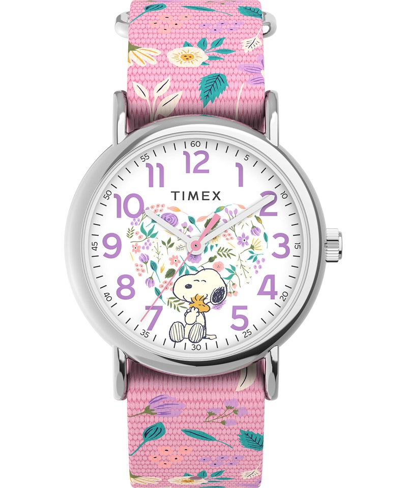 Timex X Peanuts in Bloom Women's Weekender 38mm Watch - Pink Strap White Dial Silver-Tone Case - Image 1