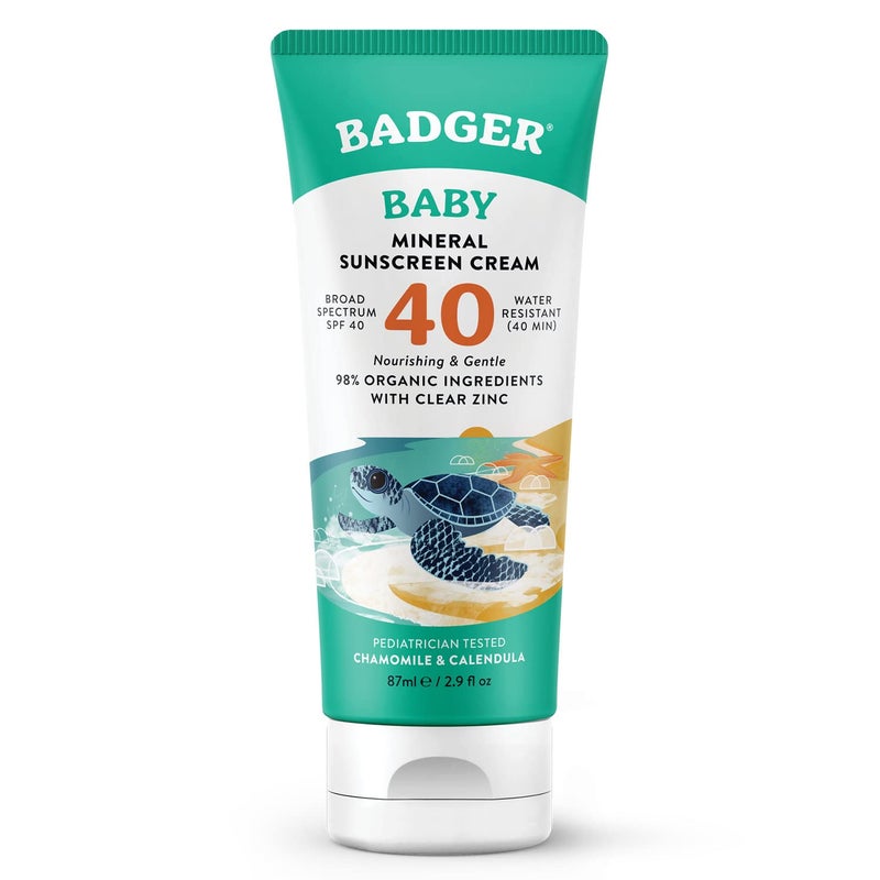 Badger كريم واقي شمس معدني للأطفال من بادجر SPF 40، واقي شمس عضوي للأطفال مع أكسيد الزنك، طيف واسع، آمن للشعاب المرجانية، مقاوم للماء، مختبر من قبل أطباء الأطفال، واقي شمس للأطفال ذوي البشرة الحساسة، 2.9 أونصة سائلة - Image 1