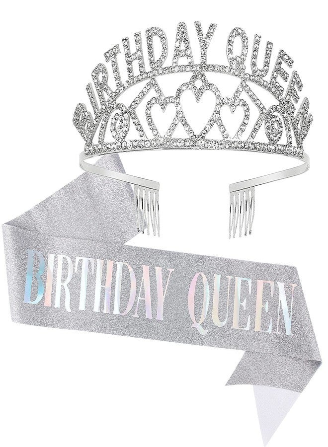 CAVETEE Silver Queen Crown and Sash - Rhinestone Tiara and Sash for Women's Birthday Party Favors - Glitter Decorations (Multi Color Letter) - Image 1