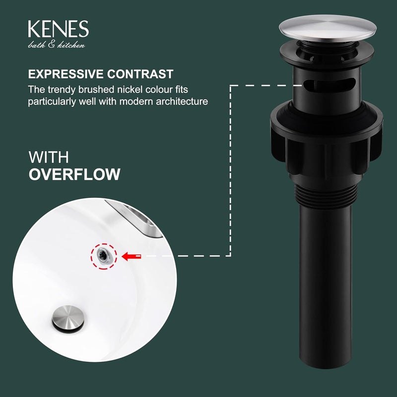 KENES Bathroom Sink Drain Stopper Pop up Sink Drain with Overflow, Brushed Nickel Lavatory Bathroom Vanity Sink Drain Assembly, Built-in Anti-Clogging Strainer - Image 3
