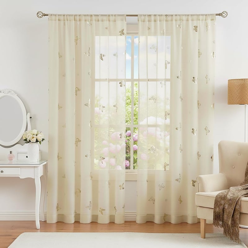 Jubilantex Butterfly Sheer Curtain Panels for Girls Nursery Bedroom, Toddler Gold Print Linen Textured Voile Farmhouse Rod Pocket Window Drapes 84 Inch for Kids Room, 2 Panels, Ivory/Beige - Image 1