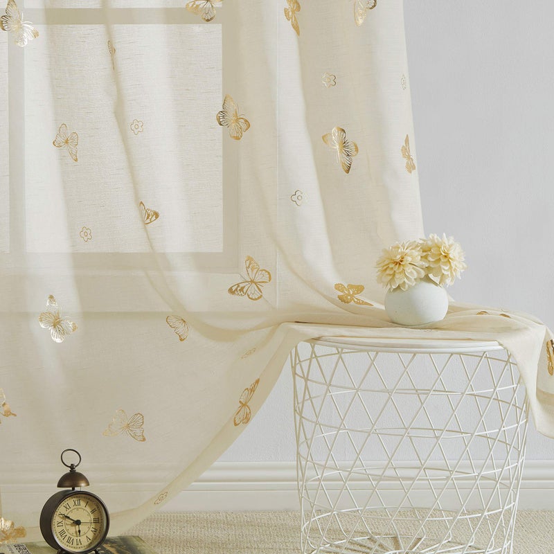Jubilantex Butterfly Sheer Curtain Panels for Girls Nursery Bedroom, Toddler Gold Print Linen Textured Voile Farmhouse Rod Pocket Window Drapes 84 Inch for Kids Room, 2 Panels, Ivory/Beige - Image 2