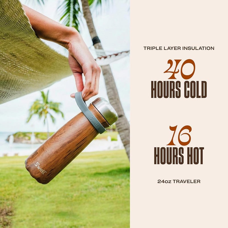 S'well Stainless Steel Traveler With Handle, 24oz, Teakwood, Triple Layered Vacuum Insulated Container Keeps Drinks Cold for 40 Hours and Hot for 16, BPA Free, Easy Carrying On the Go - Image 1