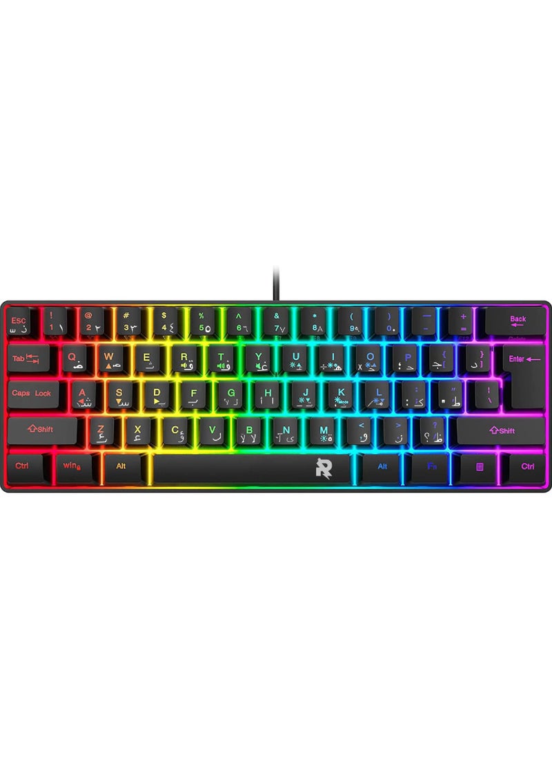 Rock Pow - ROCK POW Arabic English 60% Wired Gaming Keyboard RGB Backlit Ultra-Compact Mini Keyboard Waterproof Small Compact 61 Keys Keyboard for PC/Mac Gamer Typist Travel Easy to Carry on Business Trip - Image 1