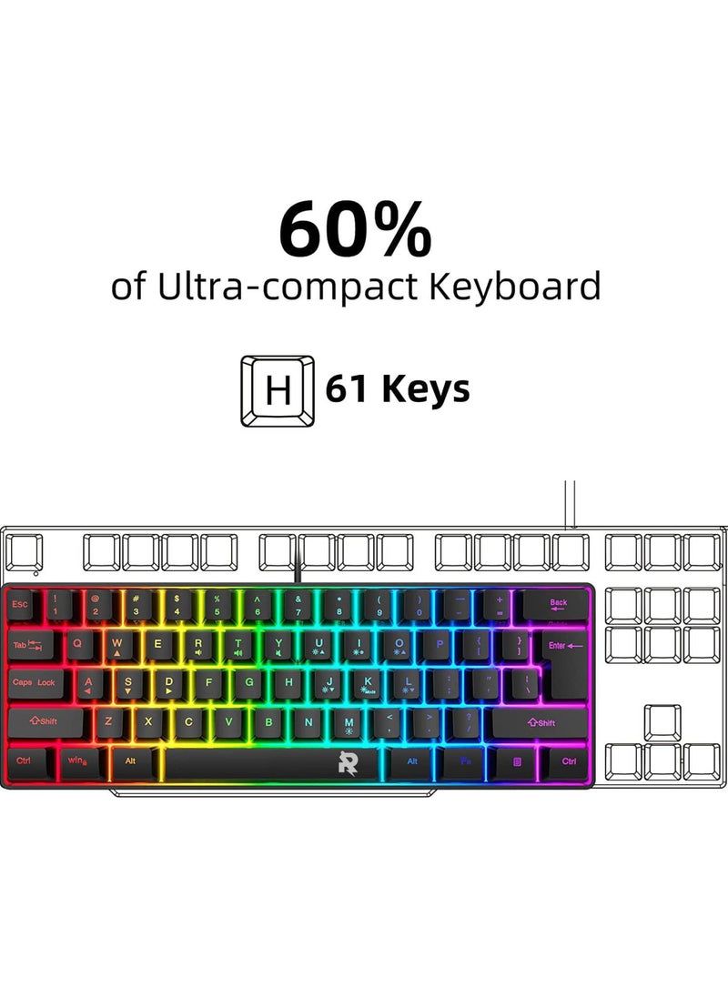 Rock Pow - ROCK POW Arabic English 60% Wired Gaming Keyboard RGB Backlit Ultra-Compact Mini Keyboard Waterproof Small Compact 61 Keys Keyboard for PC/Mac Gamer Typist Travel Easy to Carry on Business Trip - Image 1