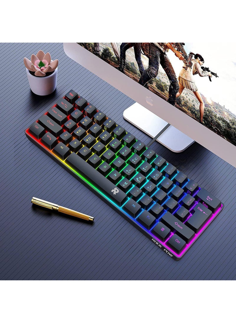 Rock Pow - ROCK POW Arabic English 60% Wired Gaming Keyboard RGB Backlit Ultra-Compact Mini Keyboard Waterproof Small Compact 61 Keys Keyboard for PC/Mac Gamer Typist Travel Easy to Carry on Business Trip - Image 1