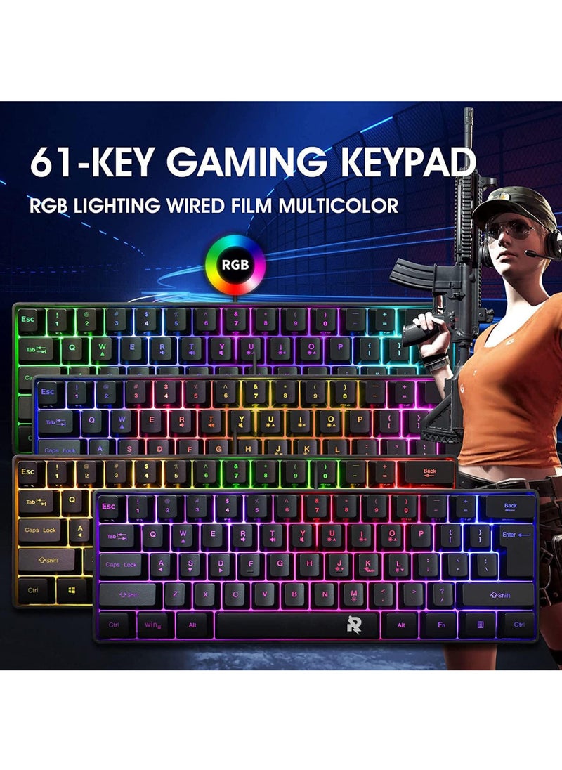 Rock Pow - ROCK POW Arabic English 60% Wired Gaming Keyboard RGB Backlit Ultra-Compact Mini Keyboard Waterproof Small Compact 61 Keys Keyboard for PC/Mac Gamer Typist Travel Easy to Carry on Business Trip - Image 1