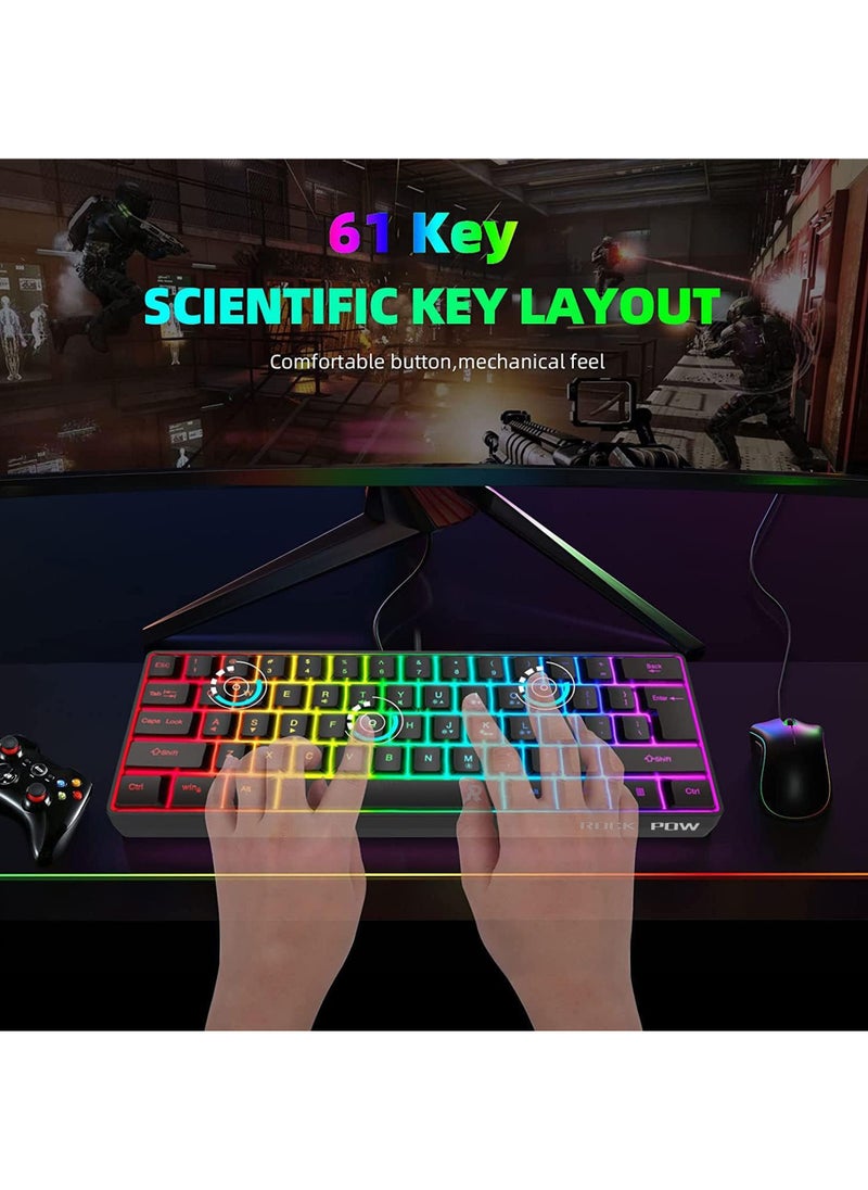 Rock Pow - ROCK POW Arabic English 60% Wired Gaming Keyboard RGB Backlit Ultra-Compact Mini Keyboard Waterproof Small Compact 61 Keys Keyboard for PC/Mac Gamer Typist Travel Easy to Carry on Business Trip - Image 1