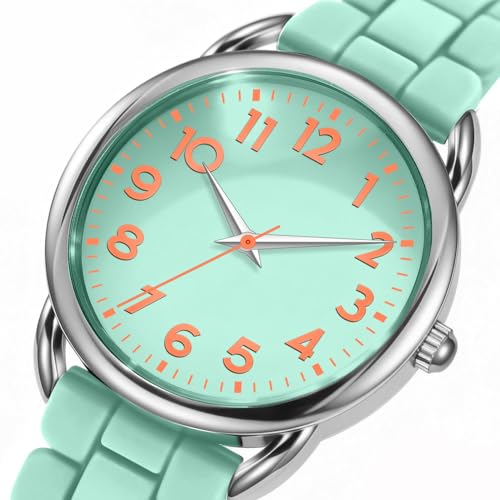 Bisley Women Watch Mint Silicone Strap Orange Arabic Number Easy to Read Watch - Image 3