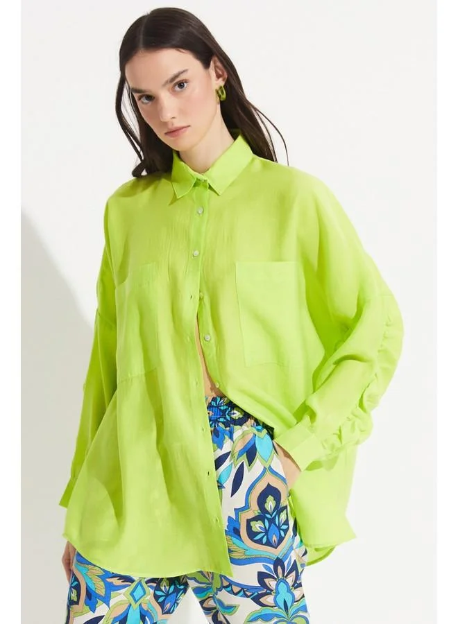 JUNE June Exclusive Sleeve Detailed Modal Blend Shirt Light Green