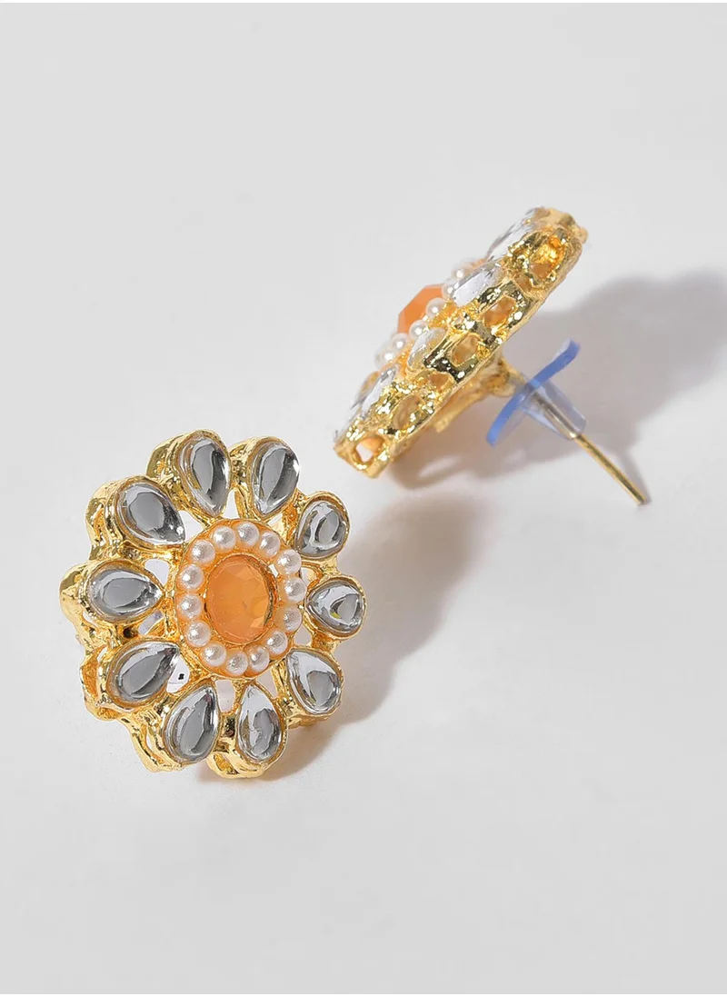 SOHI Orange & White Stone-Studded & Beaded Jewellery Set