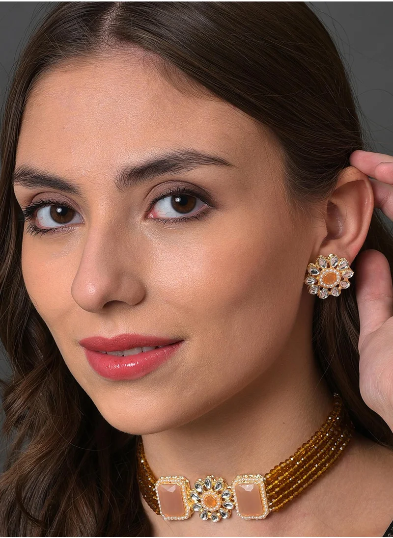 SOHI Orange & White Stone-Studded & Beaded Jewellery Set