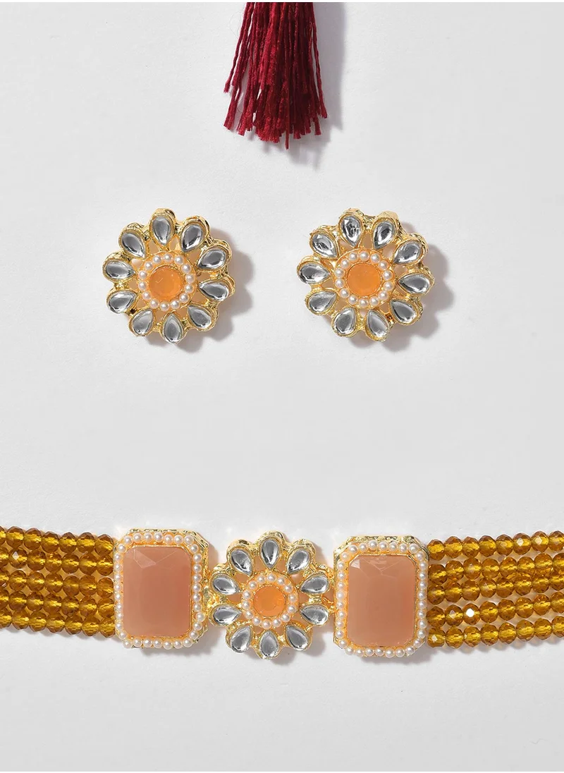 SOHI Orange & White Stone-Studded & Beaded Jewellery Set