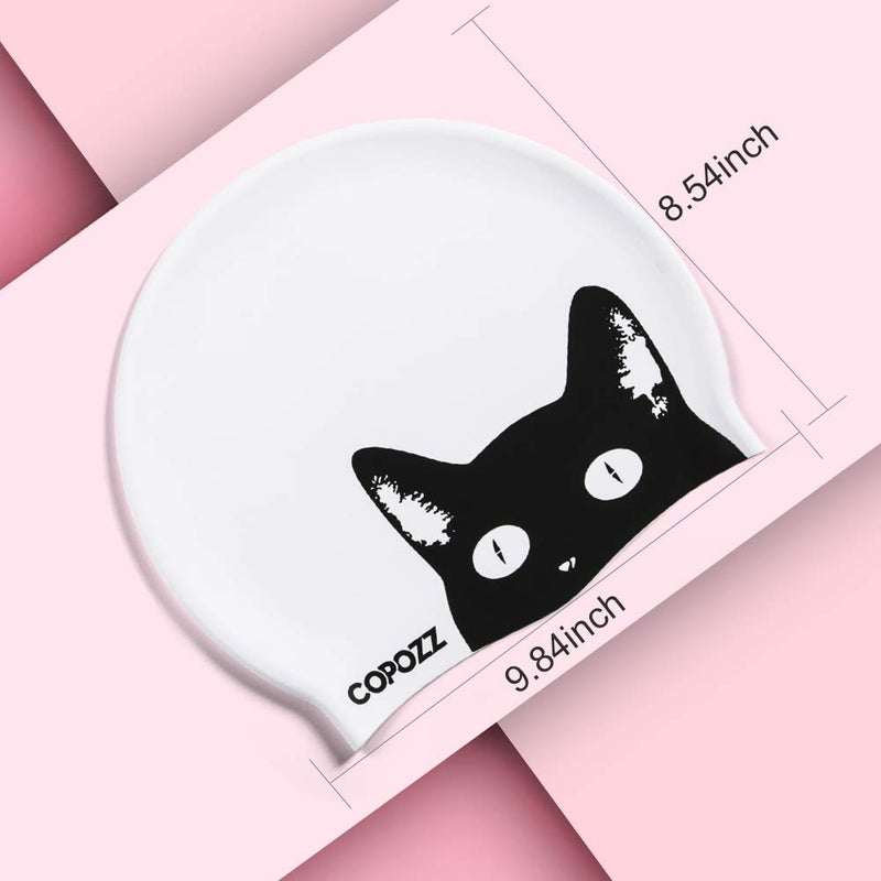 COPOZZ Adult Swim Caps, Silicone Waterproof Comfortable Swimming Cap for Women, Long and Short Hair(Black Cat-12yrs+) - Image 5