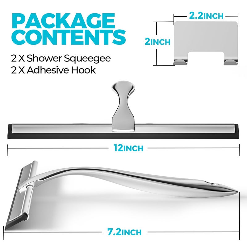 ALFLOD 2PACK 12-Inch All-Purpose Shower Squeegee for Shower Doors, Tile Shower Walls, Bathroom, Window, Glass and Car Windshield, Mirrors and Kitchen-Stainless Steel, Silver - Image 2