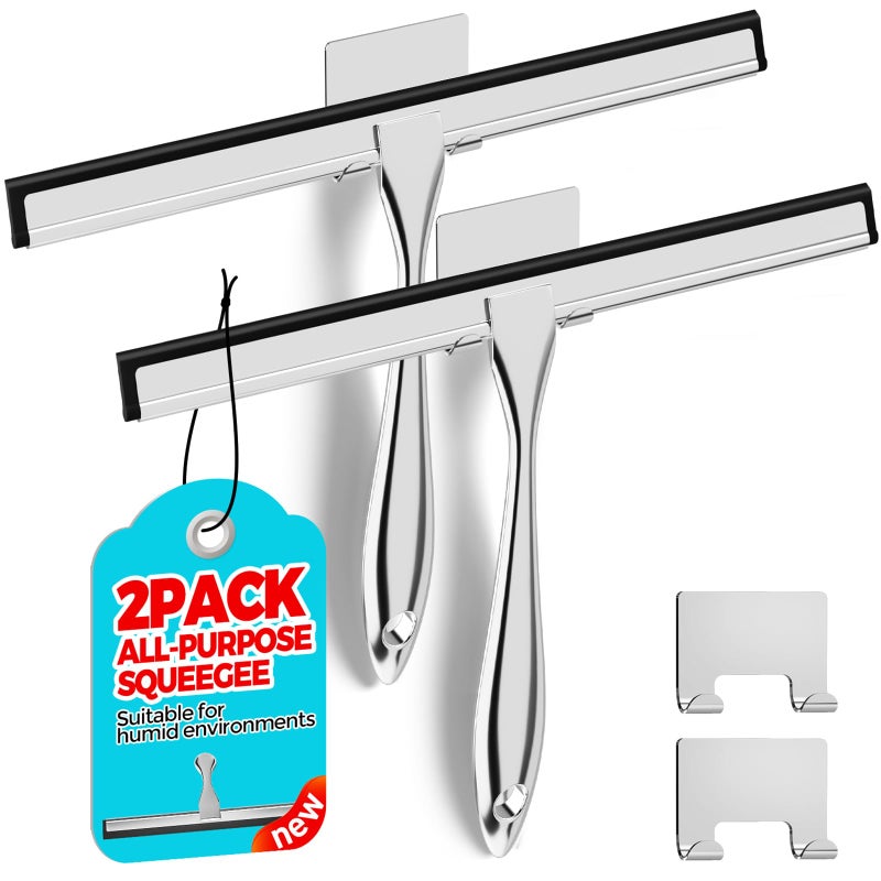ALFLOD 2PACK 12-Inch All-Purpose Shower Squeegee for Shower Doors, Tile Shower Walls, Bathroom, Window, Glass and Car Windshield, Mirrors and Kitchen-Stainless Steel, Silver - Image 1