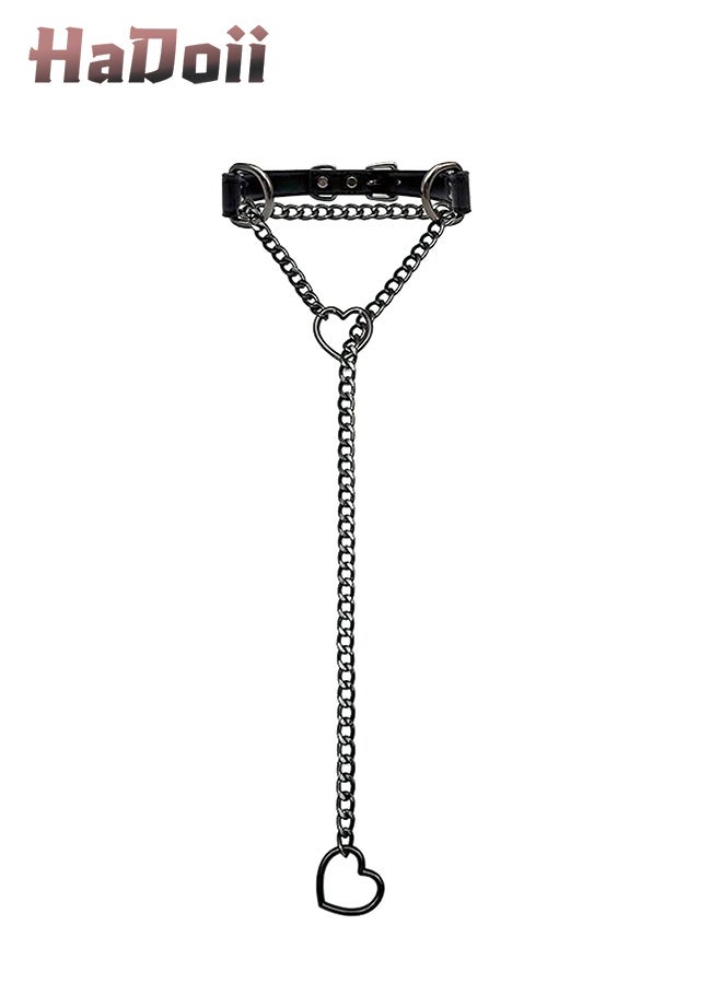 HaDoii Leather Choker Collar, Handmade Black Heart Choker Collar For Women and Man, Punk Gothic O-ring Slip Chain Necklace with Adjustable Vegan Leather Buckle - Image 1