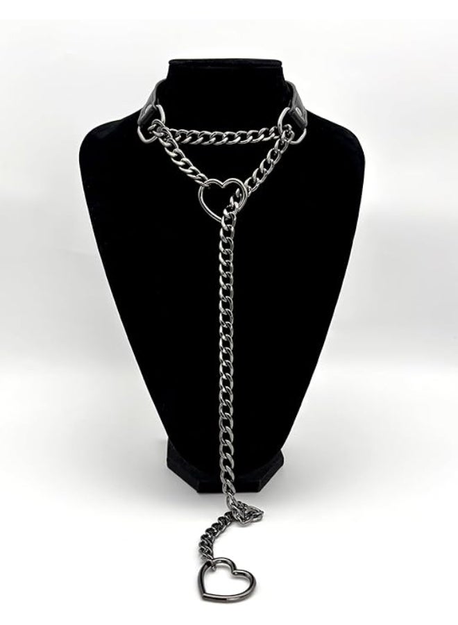 HaDoii Leather Choker Collar, Handmade Black Heart Choker Collar For Women and Man, Punk Gothic O-ring Slip Chain Necklace with Adjustable Vegan Leather Buckle - Image 2