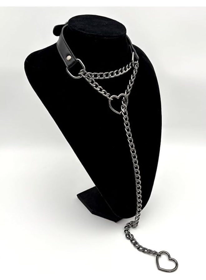 HaDoii Leather Choker Collar, Handmade Black Heart Choker Collar For Women and Man, Punk Gothic O-ring Slip Chain Necklace with Adjustable Vegan Leather Buckle - Image 3