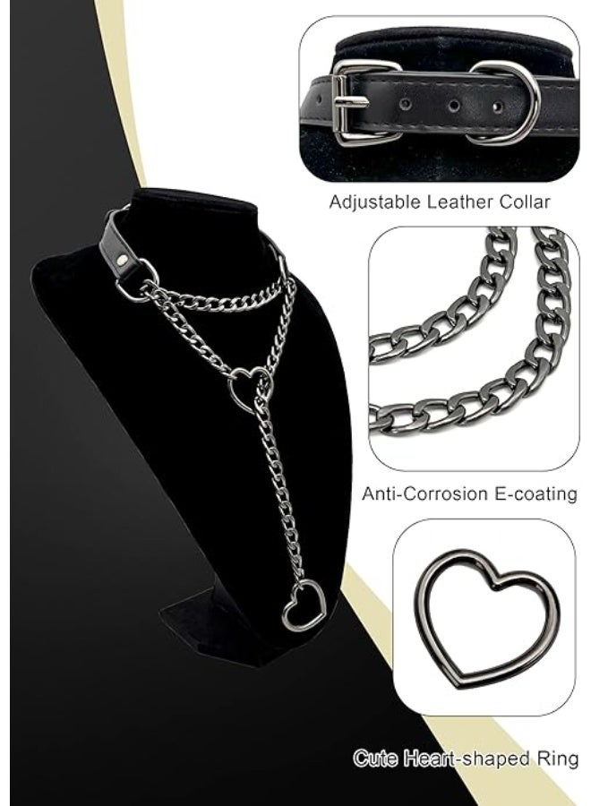 HaDoii Leather Choker Collar, Handmade Black Heart Choker Collar For Women and Man, Punk Gothic O-ring Slip Chain Necklace with Adjustable Vegan Leather Buckle - Image 4