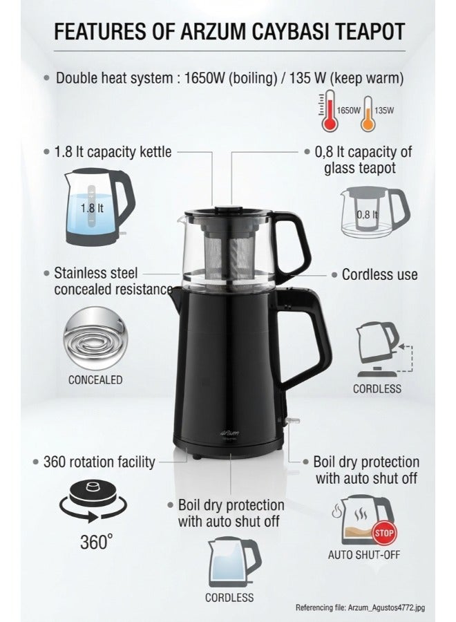 Arzum Teablend Electric Tea Maker 1.8L Kettle & 0.8L Glass Teapot (AR3141) Black AR3141-0100 black - Image 3