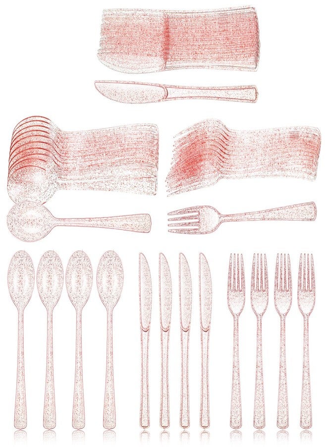 Youyole 150 Pcs Pink Plastic Silverware Set Disposable Flatware Christmas Silverware Includes 50 Forks 50 Spoons 50 Knives Glittery Plastic Cutlery Pink Utensils Set for Birthday - Image 1
