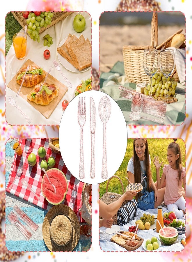 Youyole 150 Pcs Pink Plastic Silverware Set Disposable Flatware Christmas Silverware Includes 50 Forks 50 Spoons 50 Knives Glittery Plastic Cutlery Pink Utensils Set for Birthday - Image 5