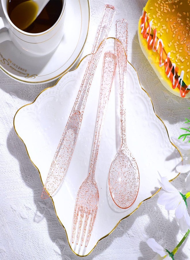 Youyole 150 Pcs Pink Plastic Silverware Set Disposable Flatware Christmas Silverware Includes 50 Forks 50 Spoons 50 Knives Glittery Plastic Cutlery Pink Utensils Set for Birthday - Image 4