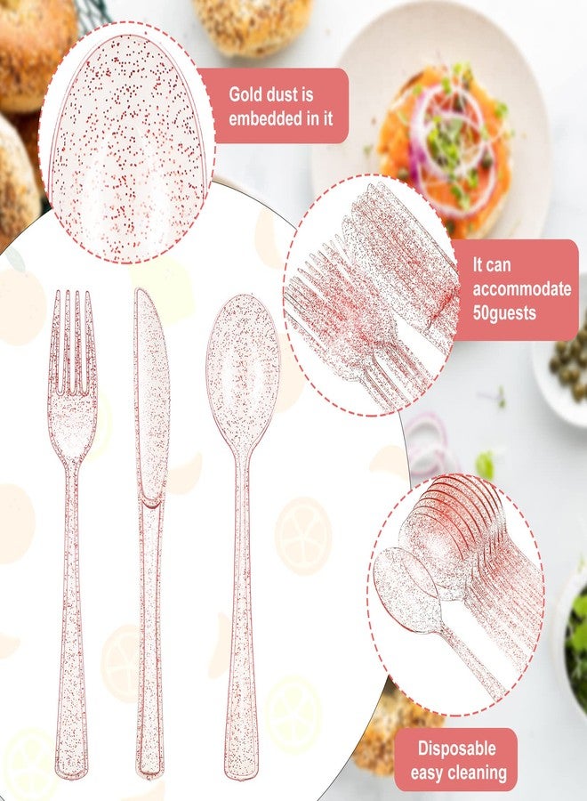 Youyole 150 Pcs Pink Plastic Silverware Set Disposable Flatware Christmas Silverware Includes 50 Forks 50 Spoons 50 Knives Glittery Plastic Cutlery Pink Utensils Set for Birthday - Image 3