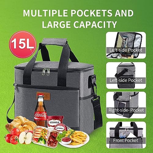 iknoe Large Cooler Bag Collapsible 24 Can Insulated Bags Leakproof Lunch Cooler Tote with Multi-Pockets for Adult Insulated Thermal Bag for Beach, Picnic, Office Work, Grey - Image 2