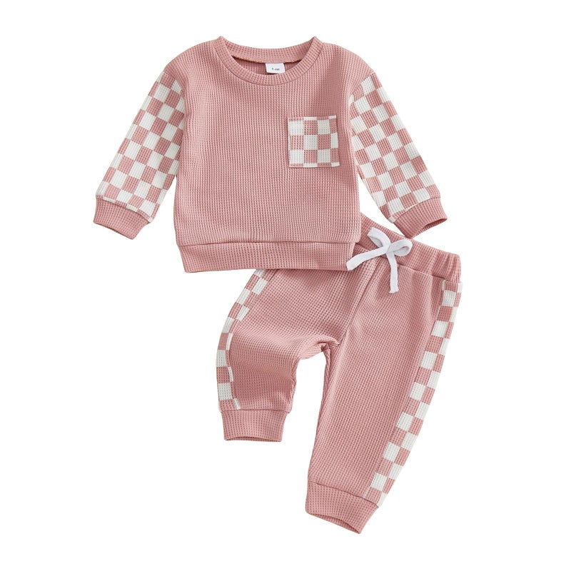 allshope Toddler Baby Girl Fall Outfit Checkerboard Patchwork Long Sleeve Sweatshirt Elastic Waist Pants Newborn Clothes Set (Waffle Pink, 18-24 Months) - Image 1