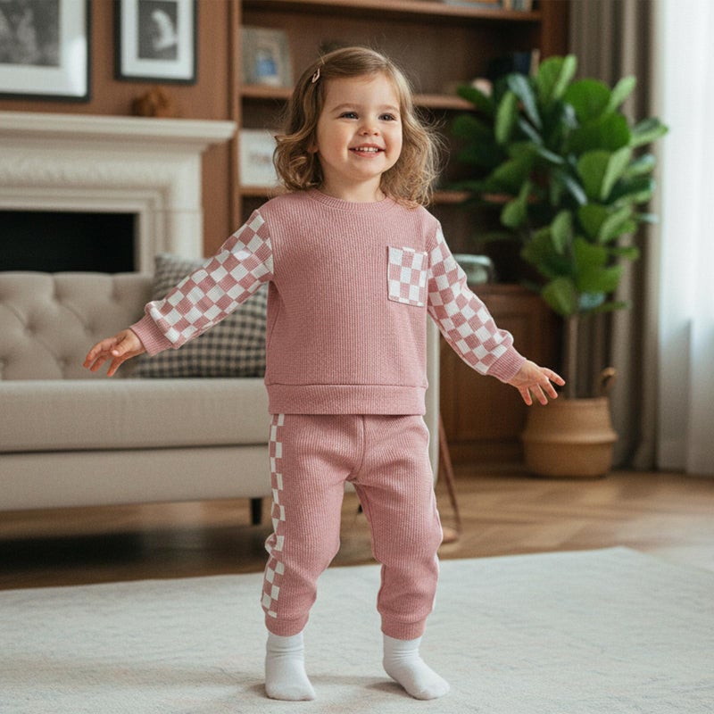 allshope Toddler Baby Girl Fall Outfit Checkerboard Patchwork Long Sleeve Sweatshirt Elastic Waist Pants Newborn Clothes Set (Waffle Pink, 18-24 Months) - Image 3
