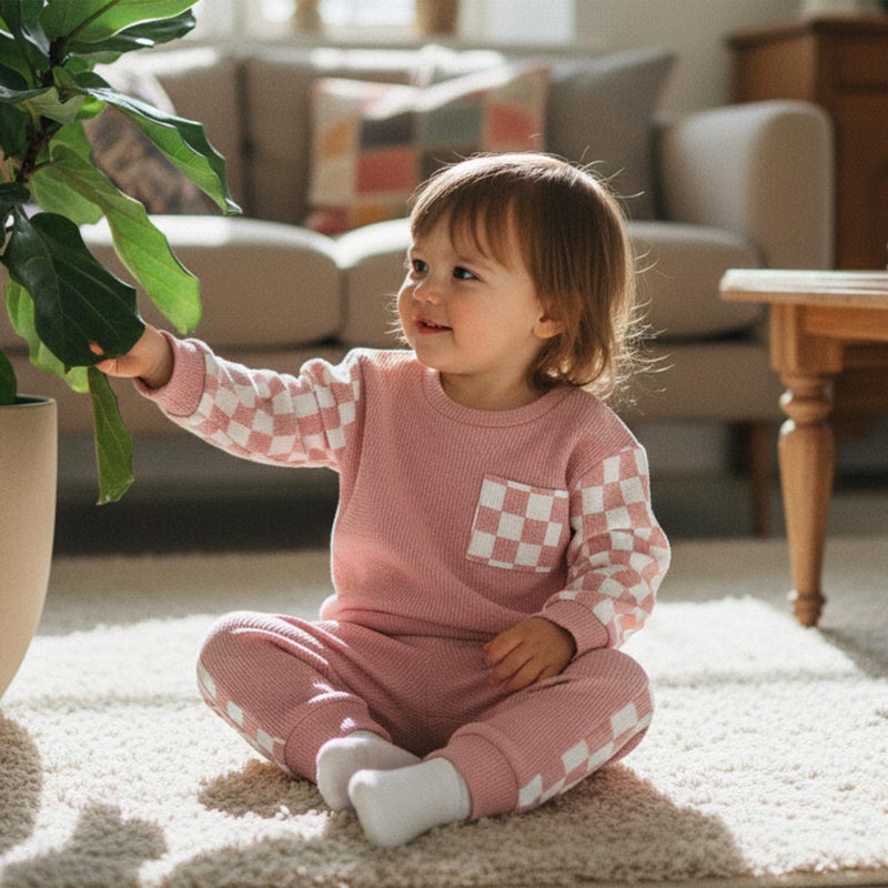 allshope Toddler Baby Girl Fall Outfit Checkerboard Patchwork Long Sleeve Sweatshirt Elastic Waist Pants Newborn Clothes Set (Waffle Pink, 18-24 Months) - Image 5