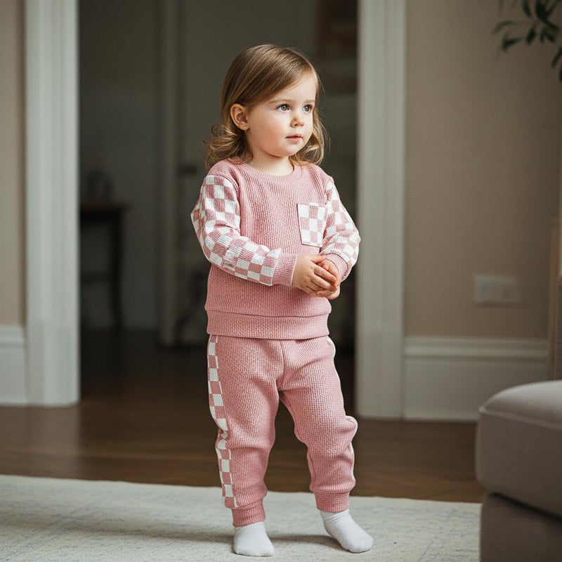 allshope Toddler Baby Girl Fall Outfit Checkerboard Patchwork Long Sleeve Sweatshirt Elastic Waist Pants Newborn Clothes Set (Waffle Pink, 18-24 Months) - Image 4