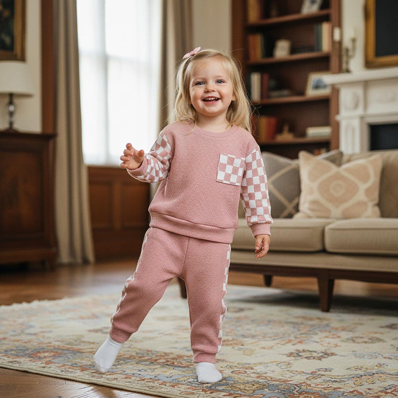 allshope Toddler Baby Girl Fall Outfit Checkerboard Patchwork Long Sleeve Sweatshirt Elastic Waist Pants Newborn Clothes Set (Waffle Pink, 18-24 Months) - Image 2
