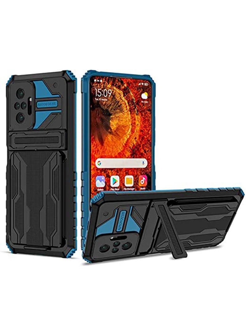 Xiaomi Redmi Note 10 Pro 4G Case Cover with Ultra Slim TPU Soft Shell PC Hard Holder Kickstand Case with Wallet Card Slot Black Blue  - Image 1