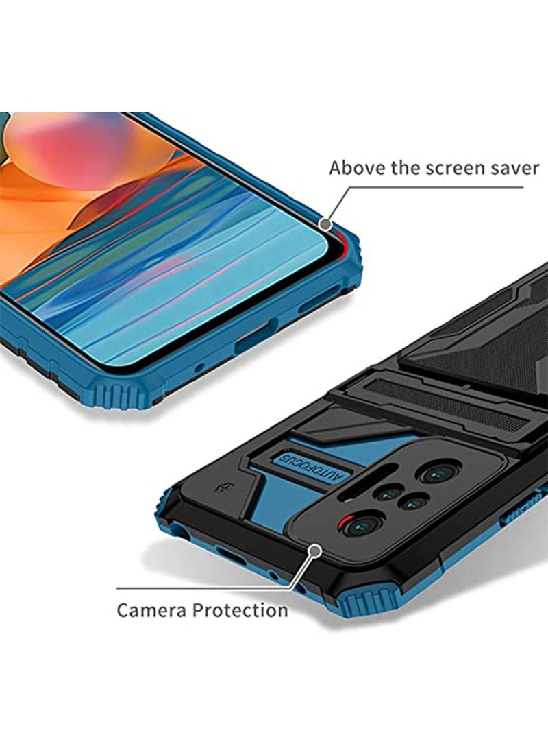 Xiaomi Redmi Note 10 Pro 4G Case Cover with Ultra Slim TPU Soft Shell PC Hard Holder Kickstand Case with Wallet Card Slot Black Blue  - Image 2
