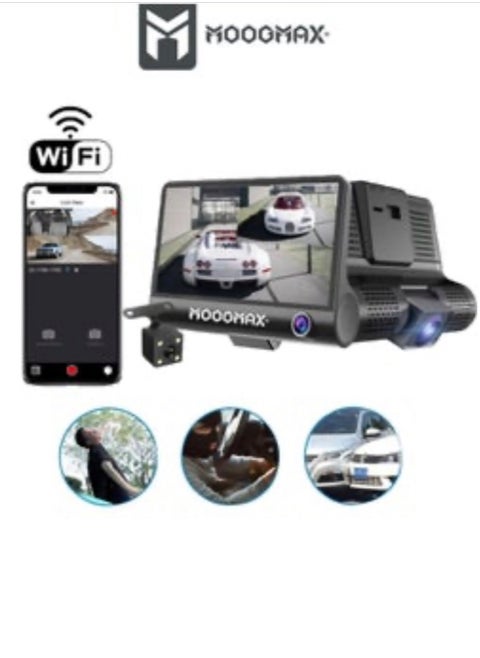 Mini dash cam with three lenses (front/rear/indoor) that supports Wi-Fi with a phone application and a shooting resolution of 1080 full HD and a microphone for recording sound. It supports night shooting with side control buttons and an external memory capacity of up to (32GB) maximum (not included).