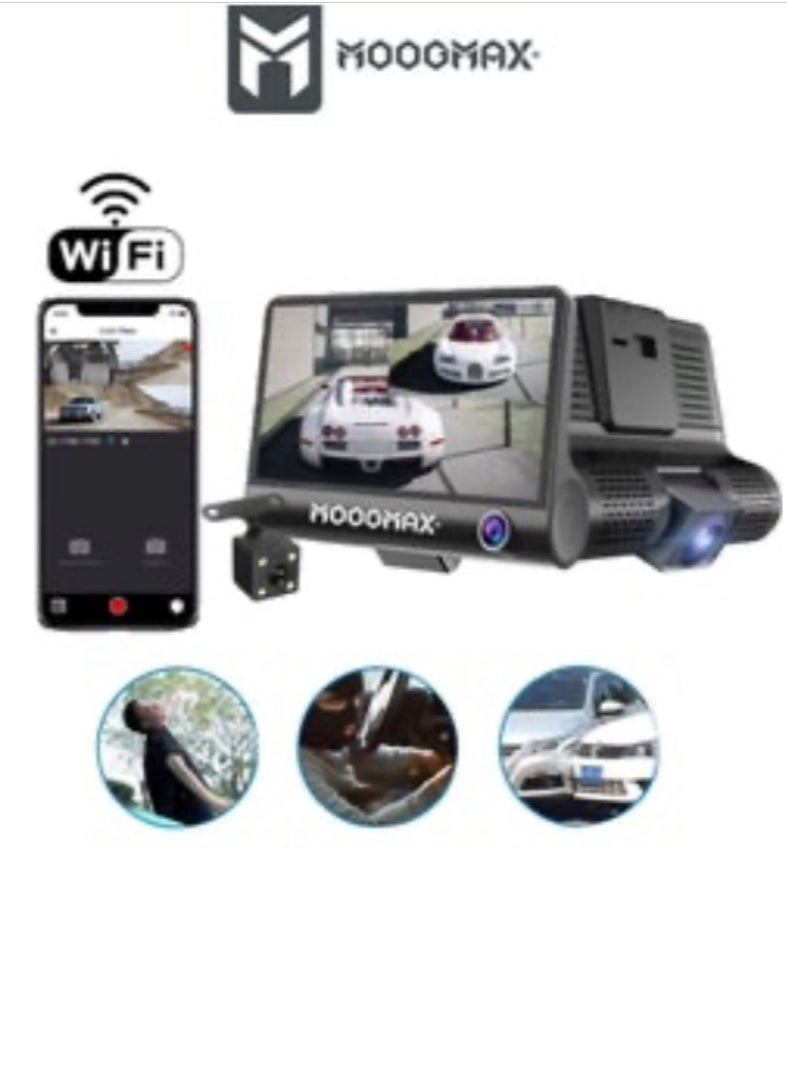 MOOGMAX - Mini dash cam with three lenses (front/rear/indoor) that supports Wi-Fi with a phone application and a shooting resolution of 1080 full HD and a microphone for recording sound. It supports night shooting with side control buttons and an external memory capacity of up to (32GB) maximum (not included). - Image 1