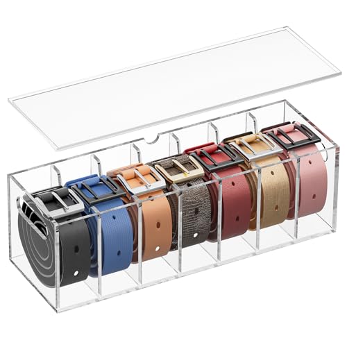 YUNEASELF Belt Organizer Acrylic Belt Storage Holder for Closet with Dust Cover Lid 7 Compartments Clear Display Case for Tie and Bow Tie - Image 1